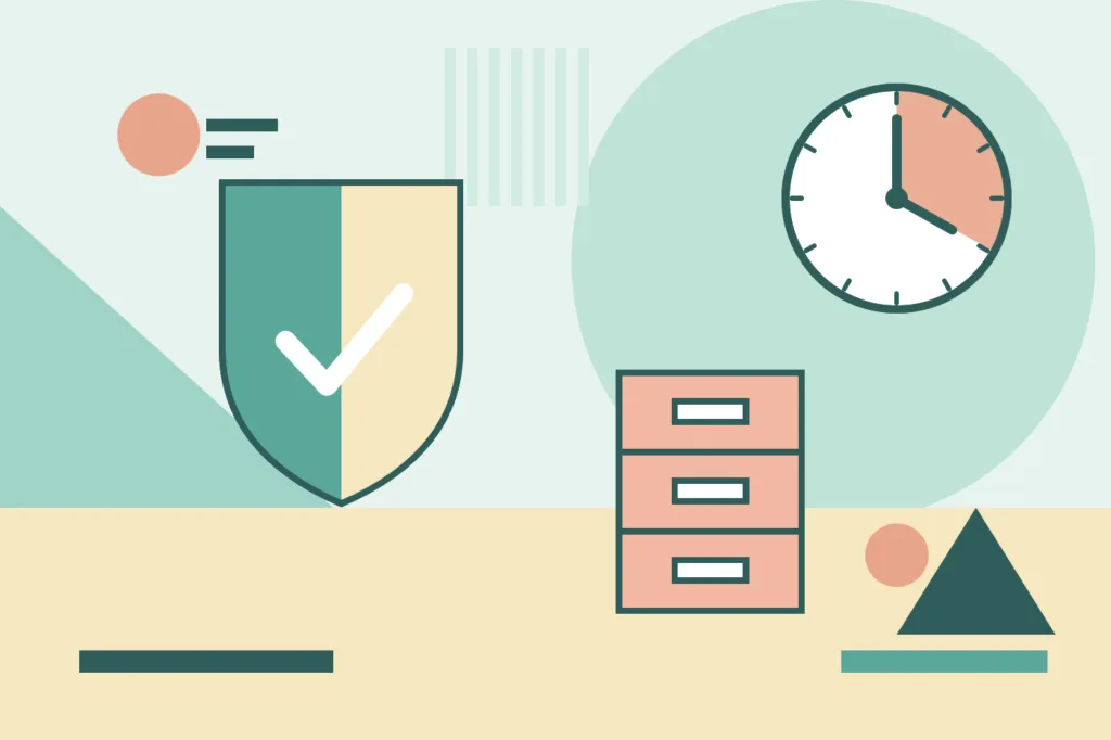 Geometric illustration of a shield, filing drawers and a clock showing audit-ready training records software