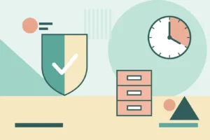 Geometric illustration of a shield, filing drawers and a clock showing audit-ready training records software