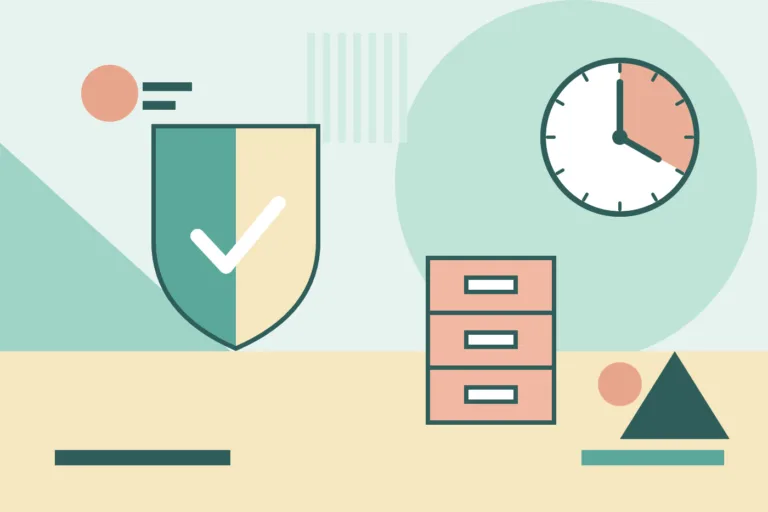 Geometric illustration of a shield, filing drawers and a clock showing audit-ready training records software